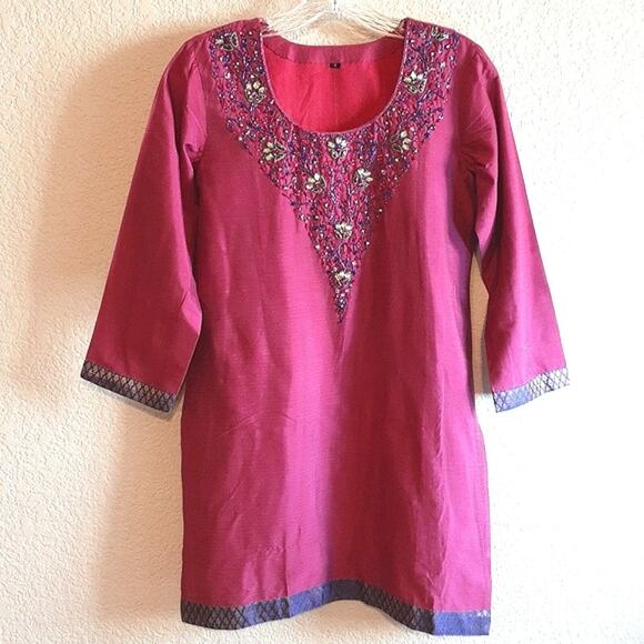 NEW Pink Embroidered Beaded Tunic Ethnic Indian Kurta Authentic Top/ Dress Small - Picture 1 of 10